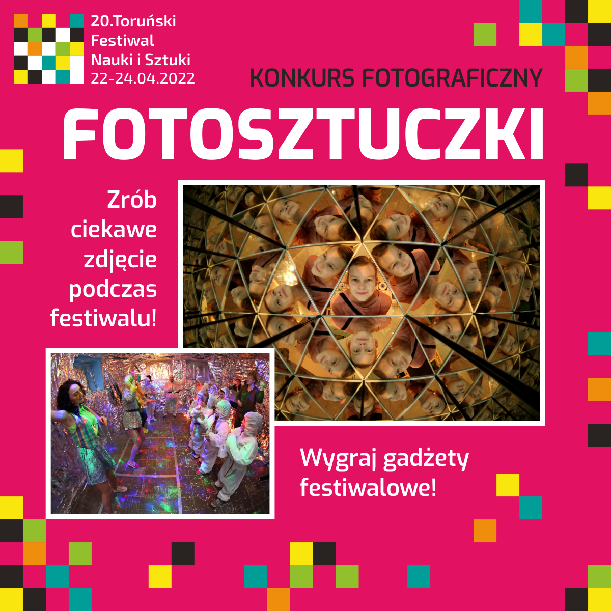 Zdjęcie przedstawiające nagordy konkursowe: czarna torba z logo Festiwalu, czarny kubek, szklana butelka.