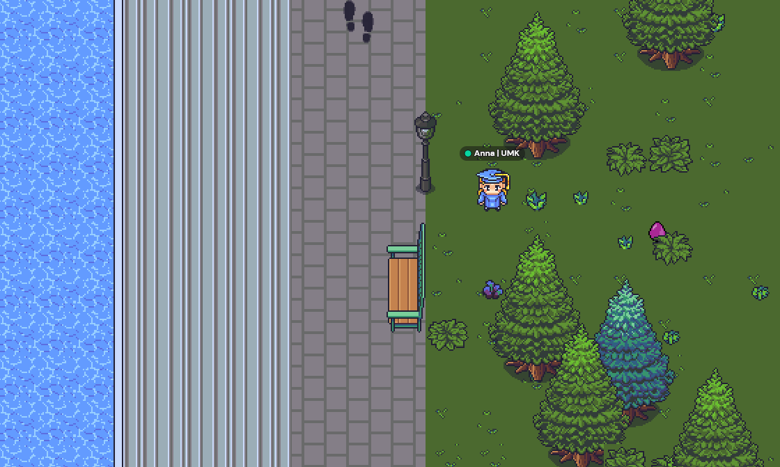 Grafika w stylu pixel-art. Zrzut ekranu z platformy Gather przedstawiający kampus UMK