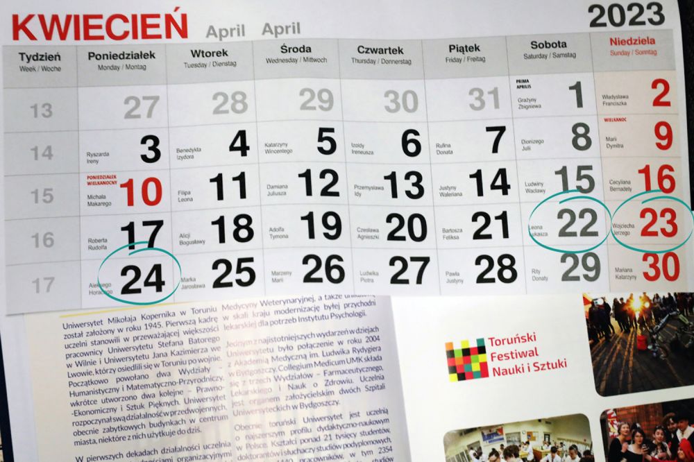 Kalendarz z zaznaczonymi datami 22, 23 i 24 kwietnia.